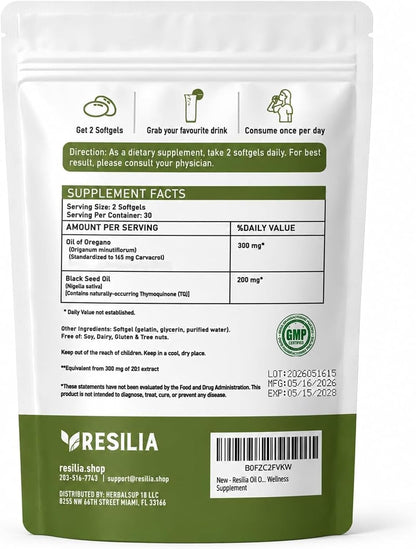 Resilia Oil Of Oregano Softgels with Black Seed Oil - 60 Softgels | Non-GMO, Gluten-Free and Soy-Free